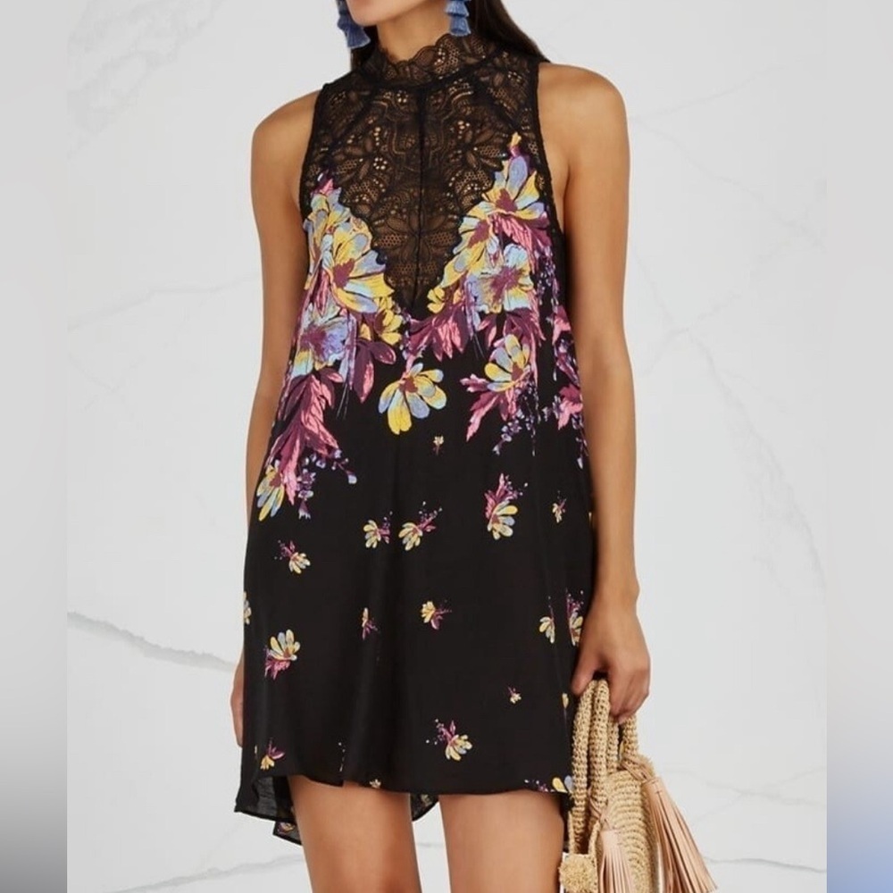 Free People Floral Lace-Trim Mini Boho Tunic Dress Festival Summer Chic Fairy